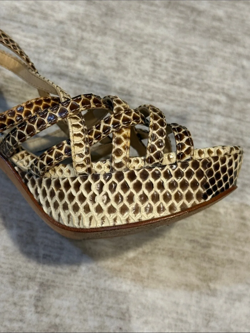 Women’s 7.5 Snake-Print Strappy Heels in Brown and Tan with platform